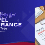 A person filling out a travel insurance form next to a toy airplane and cash, with the text Do You Really Need Travel Insurance For Short Trips?